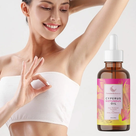 Woman with a bottle of Cypresus Rotundus oil on a white background