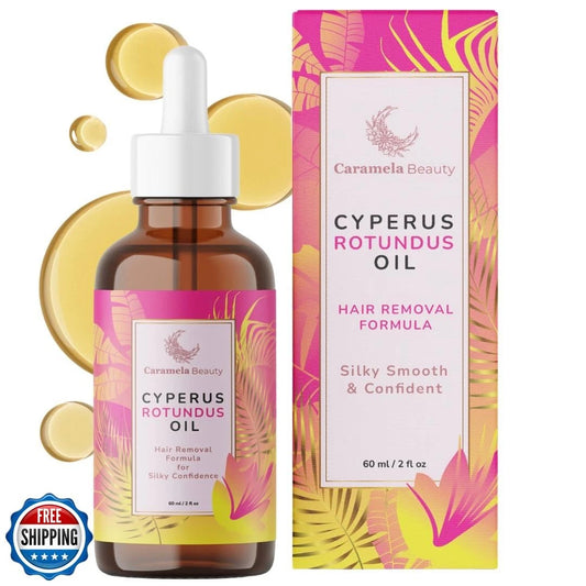 Caramel Beauty Cyperus Rotundus Oil bottle and packaging on a white background